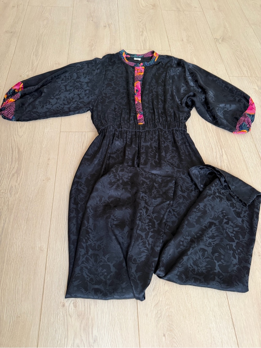 Warm Black Jacquard Jumpsuit with Pink Floral Trim